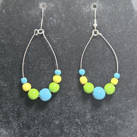 Yellow, Blue Green Silver Tone Matching Wood Beaded Earrings Bracelet Set 7.25" - Picture 10 of 16